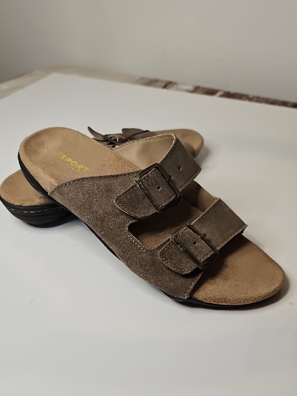 JSport by Jambu Women's Double-Buckle Suede Slide Sandal - Taupe Size 8M